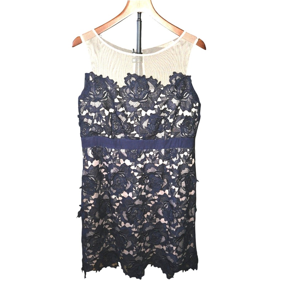 Adrianna Papell Lace Cocktail Dress Womens 14 Navy Blue Floral Mesh Overlay